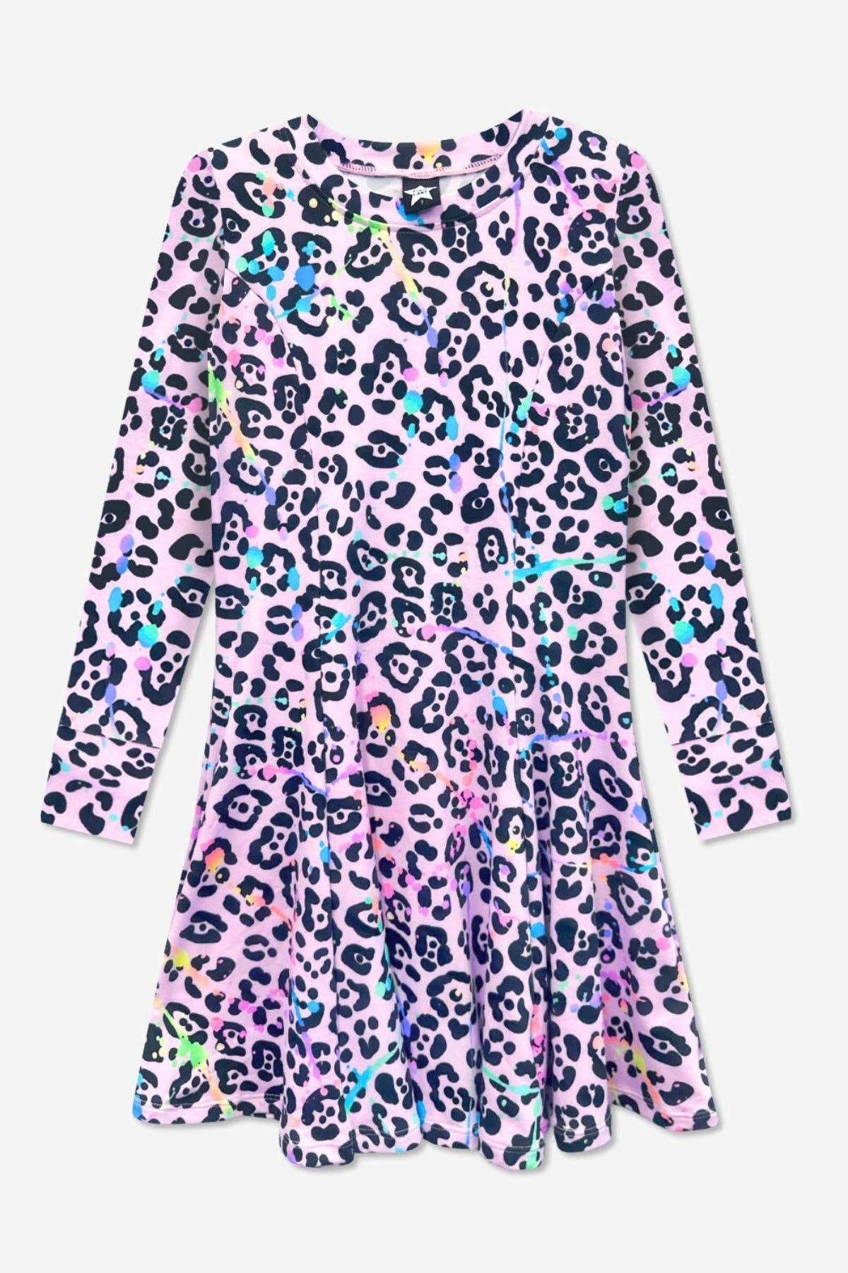 Simply Soft Long Sleeve Twirl Dress in Neon Pink Leopard Splatter