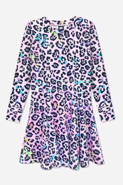 Simply Soft Long Sleeve Twirl Dress in Neon Pink Leopard Splatter