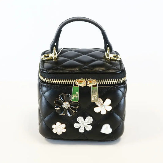 Black Quilted Top Handle Purse with Charms. Comes with detachable, adjustable gold chain.  Dimension: 4.5" length x 3.25" width x 4" height.