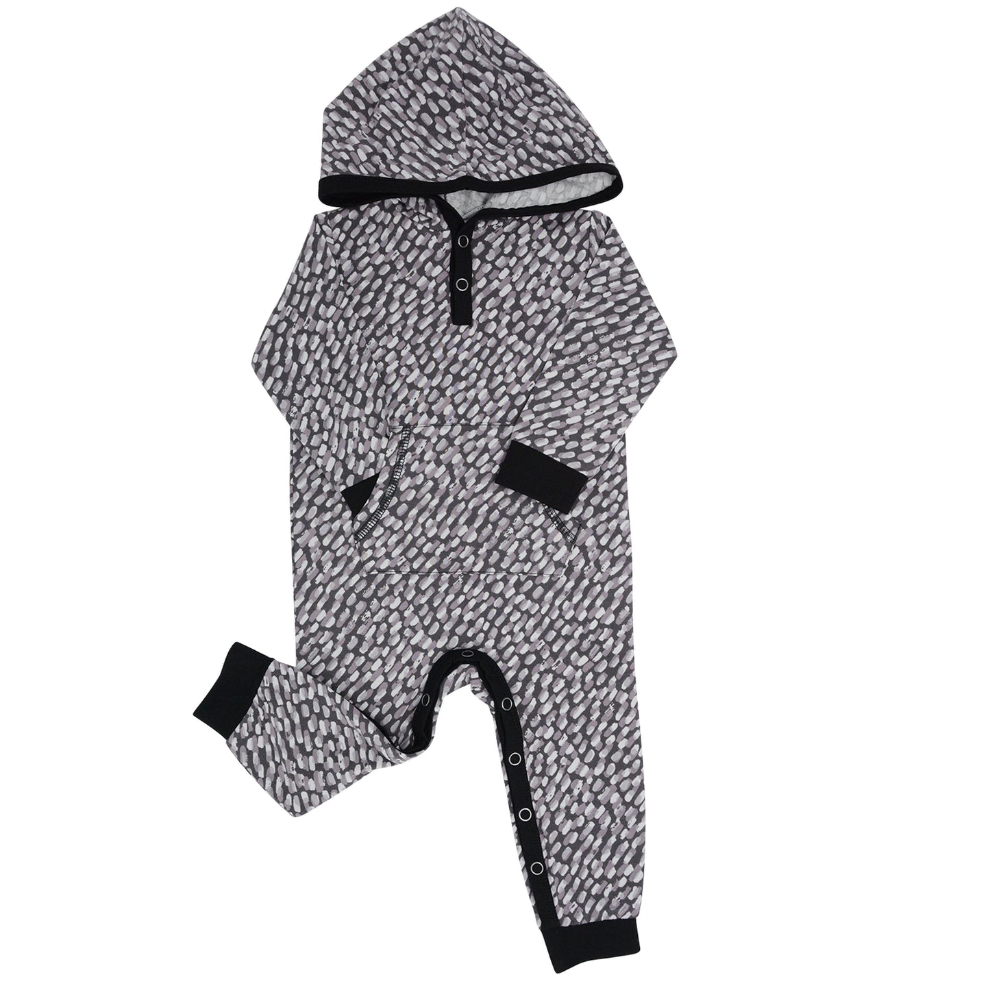 Black Printed Hooded Pocket Romper. All day comfort with a bit of style. Kangaroo pouch pocket and hood. Cuffed legs and arms with snap closure inseam and placket. Tagless label for total comfort. Flexible for active lifestyles. Safe for sensitive skin.  Machine Washable.  95% Bamboo Viscose, 5% Spandex.