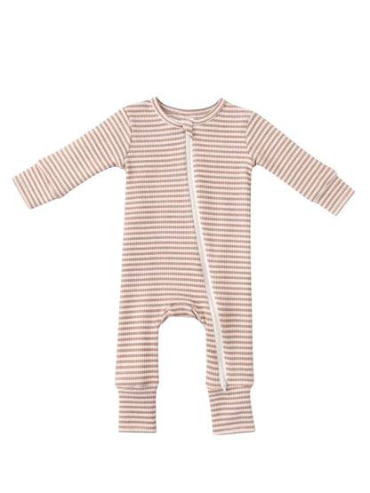 Tan Stripe Ribbed Zipper Romper