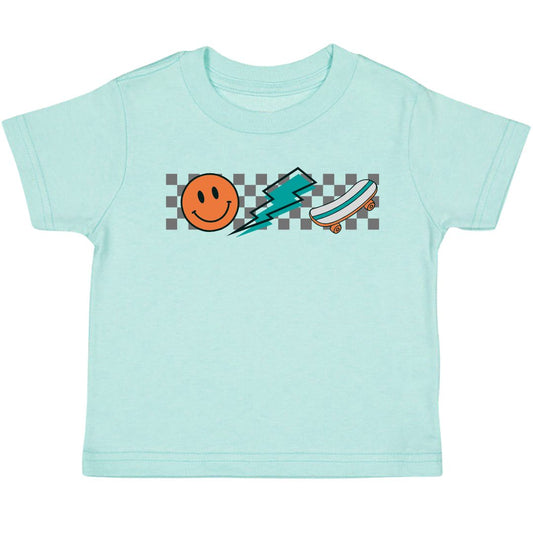 The Sweet Wink Happy Skater Dude Tee is a fun and handsome t-shirt for kids to welcome Spring! Aqua shirt with multicolor graphic. Tagless inside neck label for an itch-free wear. Fits true to size; Toddler Unisex. Each t-shirt is hand pressed with love using baby and child safe inks.  Machine washable, tumble dry low.  100% Cotton.   Women owned + designed by a Mother/Daughter duo in NYC.