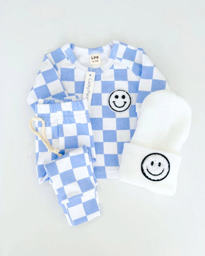 Blue Checkered Smiley Lounge Set