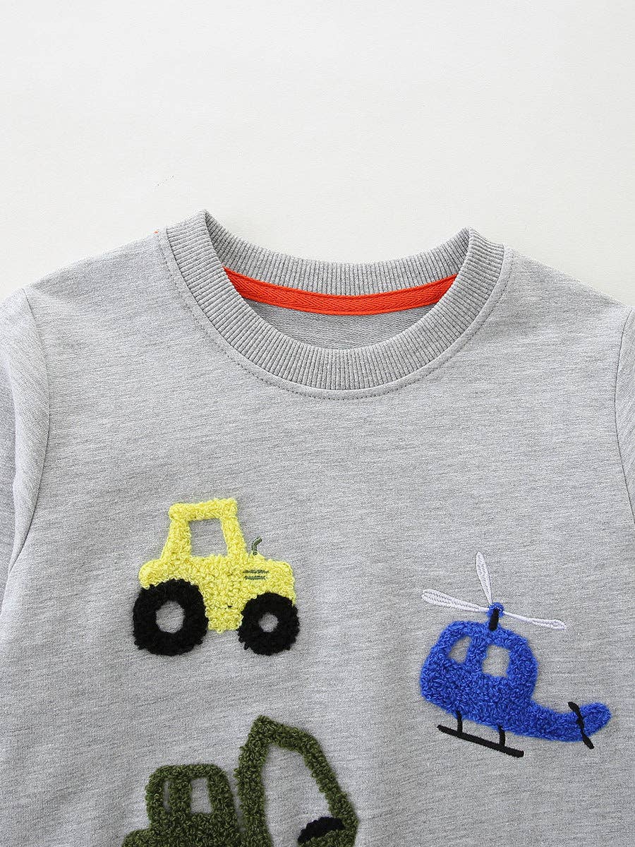 Grey Cartoon Vehicles Embroidered Sweatshirt