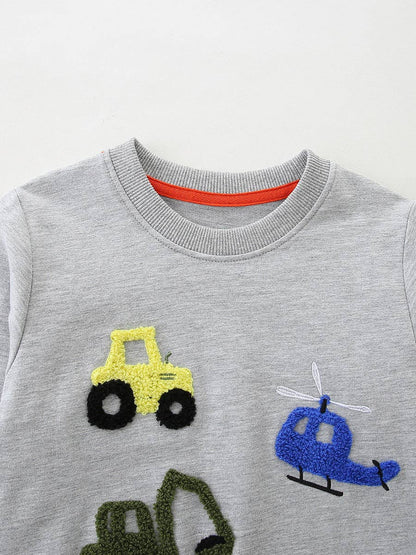 Grey Cartoon Vehicles Embroidered Sweatshirt