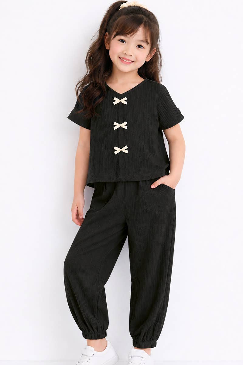 Black Crinkle Plisse Pant Set with Bows