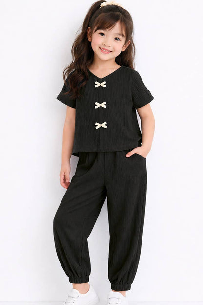 Black Crinkle Plisse Pant Set with Bows