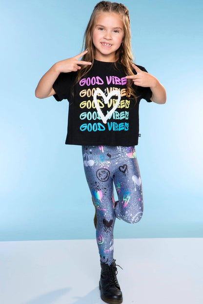 High Shine Long Legging in Charcoal Graffiti Elements