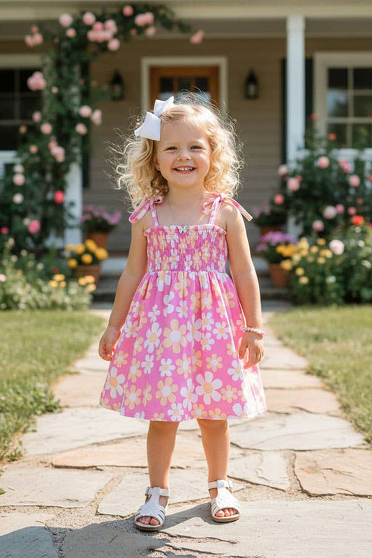 Pink Daisy Smocked Tie-Shoulder Dress