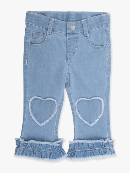 Light Wash Stretch Denim Heart Appliqué Crop Flare Jeans