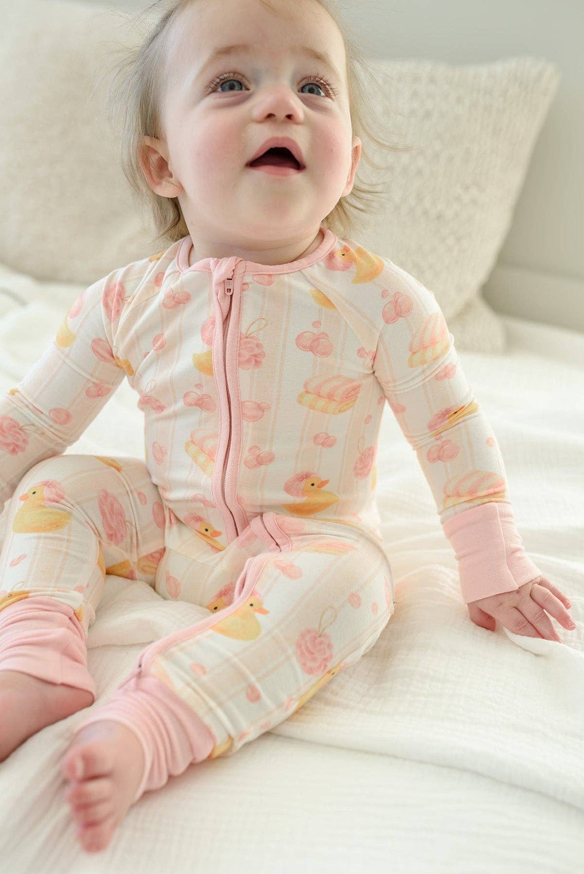 Bubble Duckies Pink Convertible Bamboo Zip Romper