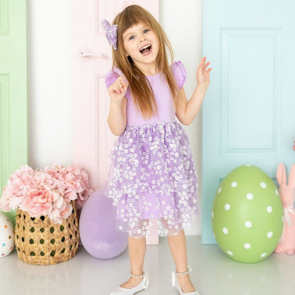 Lavender Ditsy Daisy Tiered Short Sleeve Tutu Dress