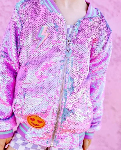 Purple Iridescent Patched Sequin Bomber Jacket