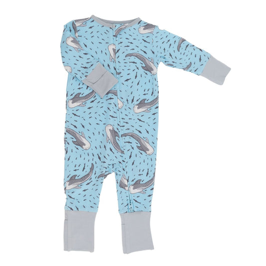 Swirling Sharks Bamboo Zipper Romper.  Safe for sensitive skin. Tagless label for total comfort.  Machine washable and dryable!  95% Viscose from Bamboo 5% Spandex.