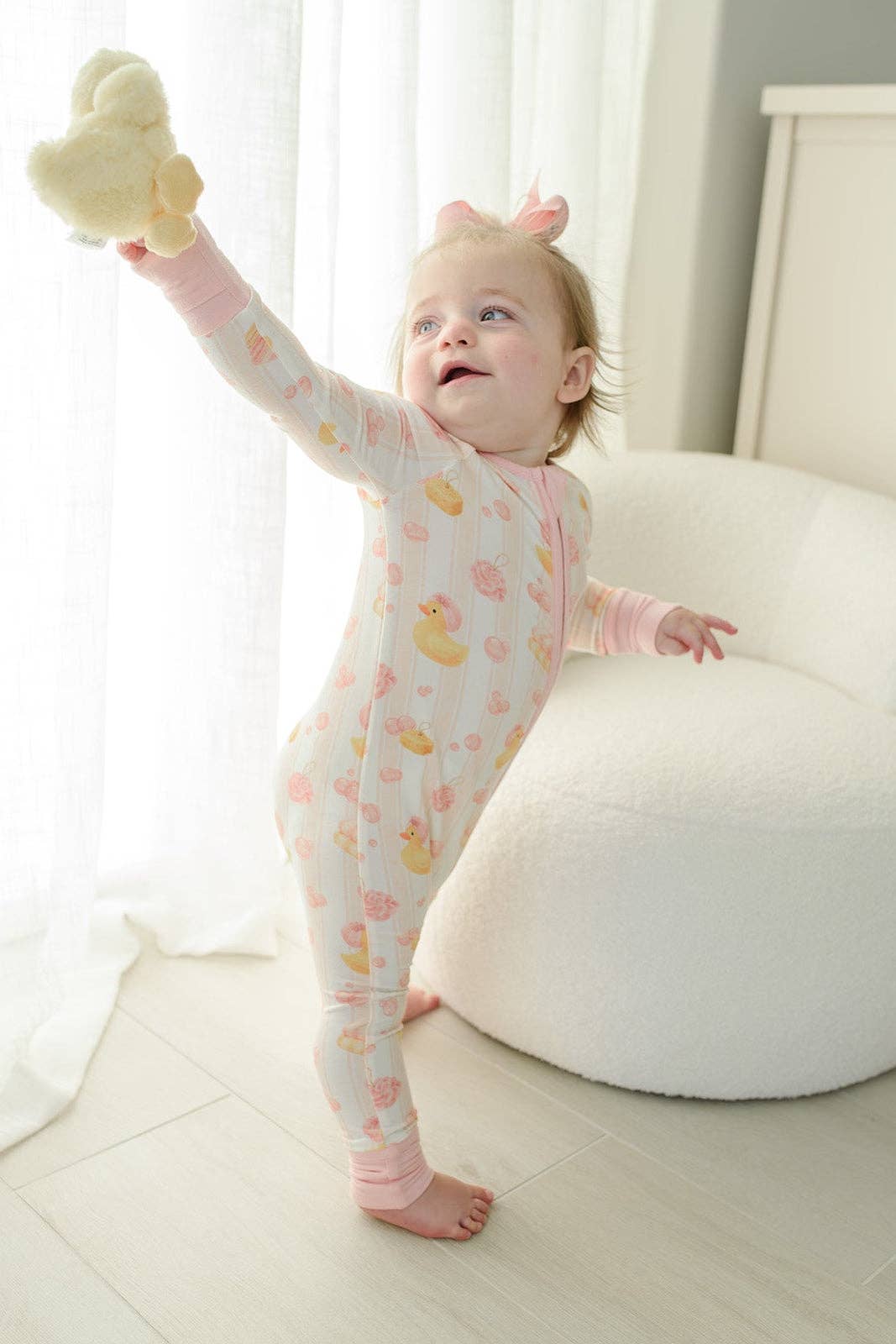 Bubble Duckies Pink Convertible Bamboo Zip Romper