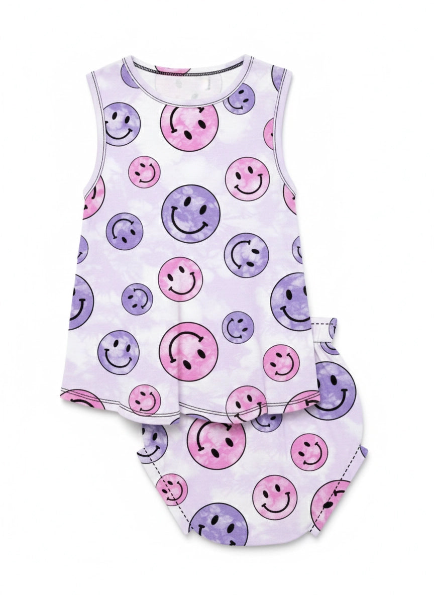 Purple Smiley Tie Dye Dress + Bloomer Set