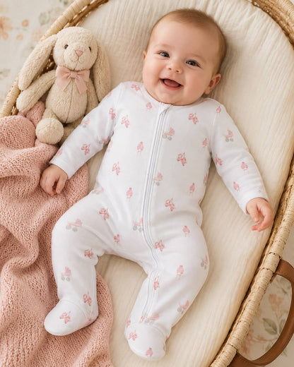 Baby Pink Carriage Cotton Zipper Footie