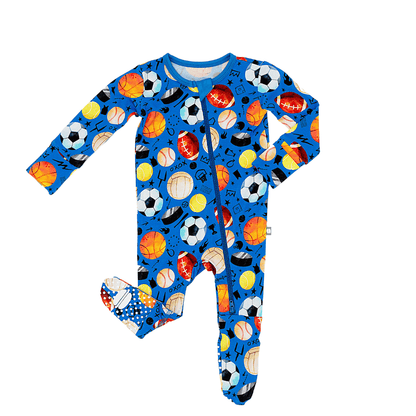Blue Sports Bamboo Zipper Footie