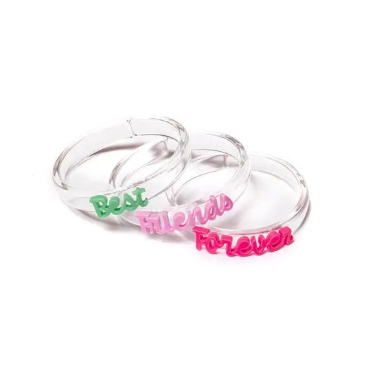 The BFF Bangle Set includes three bangles using acrylic letters in green, pink and magenta. Each bracelet has an opening to insert the wrist. Recommended Age: 3-6 years old.  100% Acrylic.