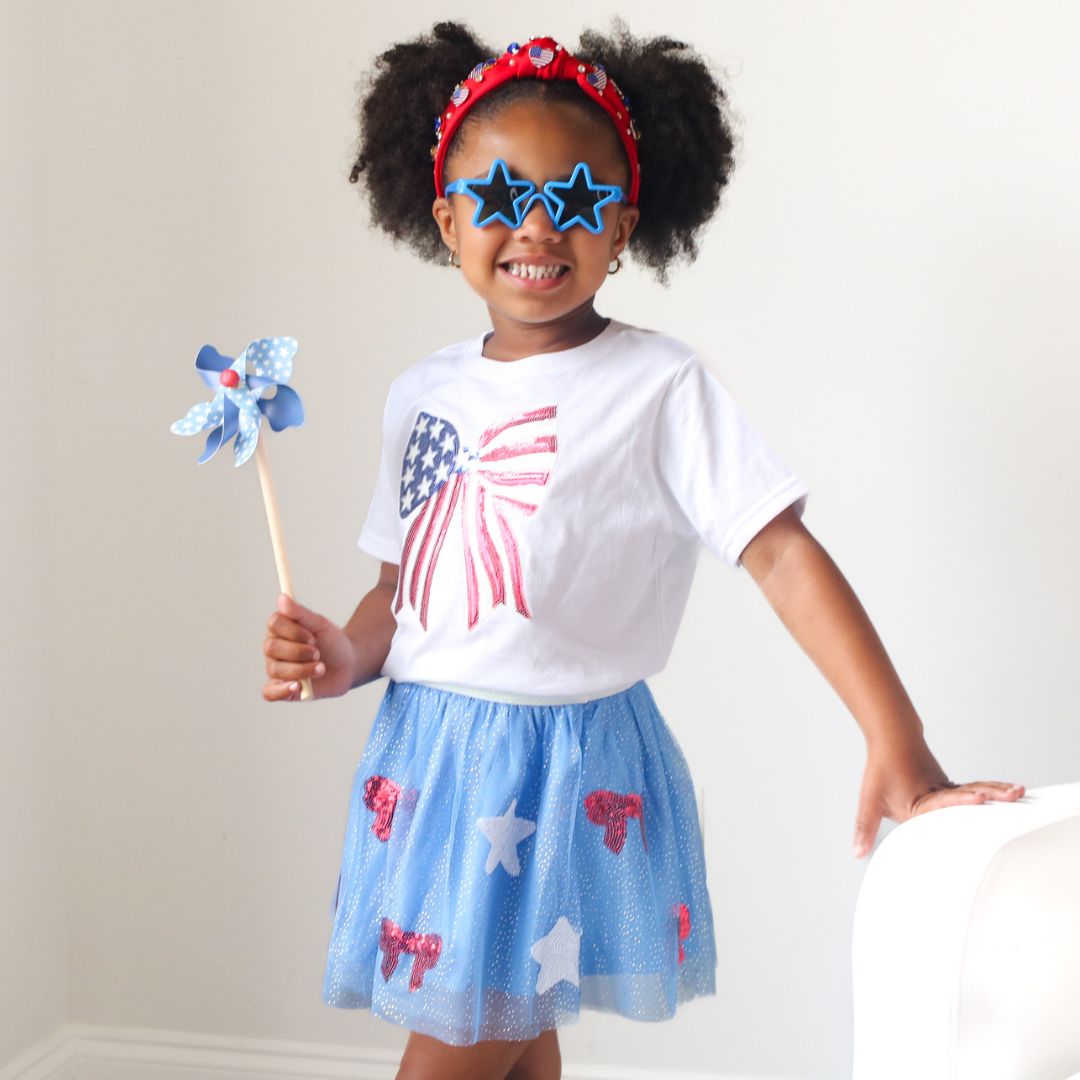 Patriotic Sequin Bow Patch Short Sleeve T-Shirt