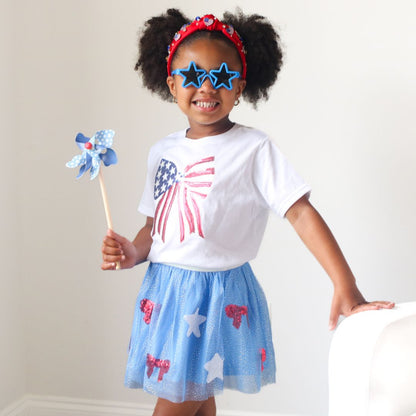 Patriotic Sequin Bow Patch Short Sleeve T-Shirt