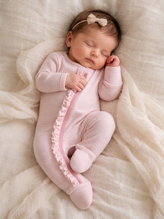 Pink Stripe Ribbed Frill Zipper Footie