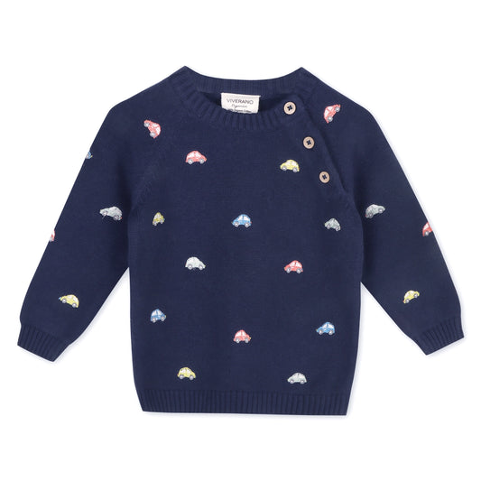 Mini Cars Embroidered Raglan Pullover Sweater