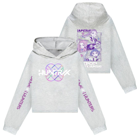 Grey K-pop HUNTR/X Cropped Long Sleeve Hoodie