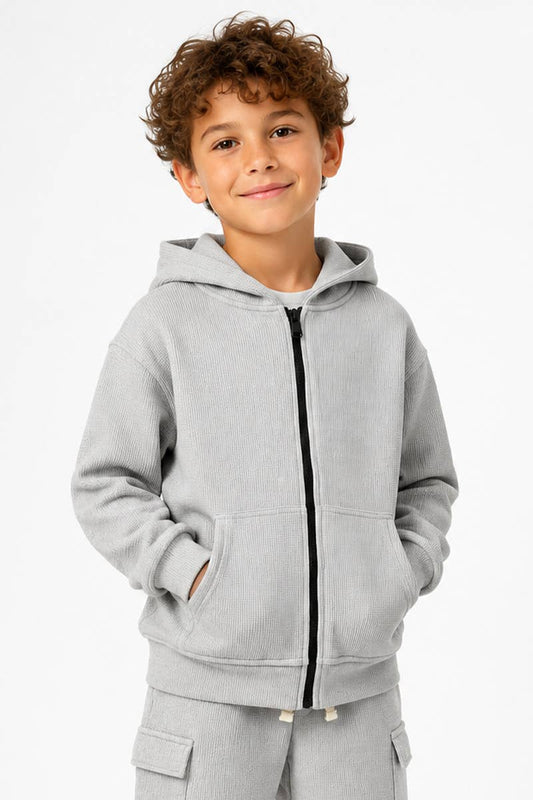 Grey Waffle Knit Zip-Up Jacket
