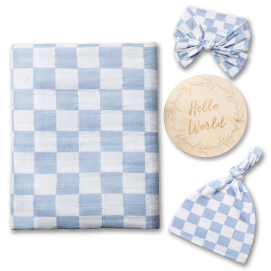 Mist Blue Checkered Organic Cotton Swaddle Set