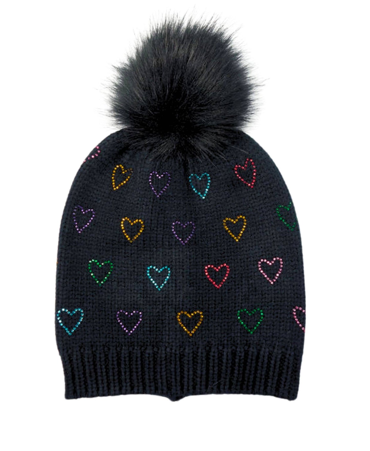 Rainbow Heart Rhinestone Black Beanie