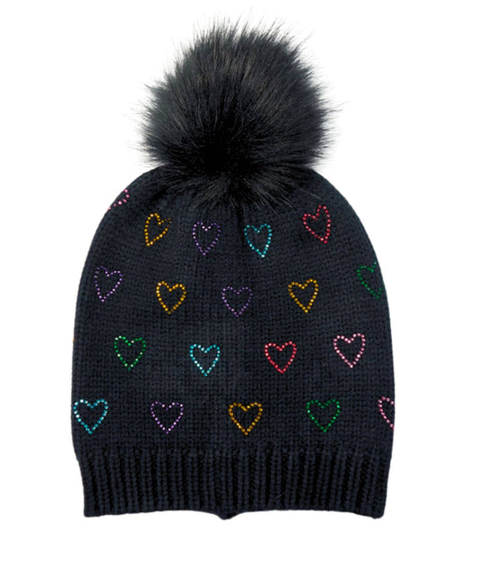 Rainbow Heart Rhinestone Black Beanie