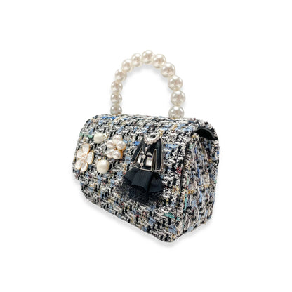 Floral Charms Tweed Purse with Pearl Top Handle