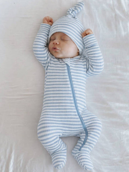 Dusty Blue Stripe Ribbed Cotton Zipper Footie