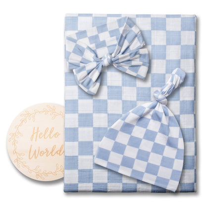 Mist Blue Checkered Organic Cotton Swaddle Set