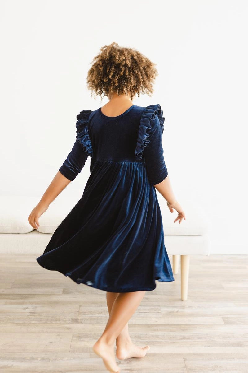 Navy Ruffle Velvet Twirl Dress