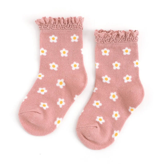 Blush Flowers Lace Trim Midi Socks. Made to hit in between the ankle and lower calf.   Machine wash cold with like colors. Tumble dry low or lay flat to dry.  79% cotton, 19% polyester, 2% spandex. Women owned. 
