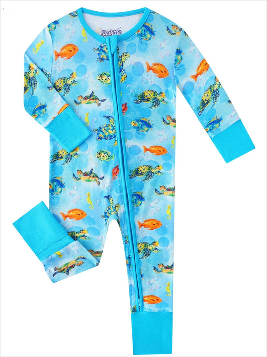 PoshTOT Sea Turtle Bamboo Convertible Zip Romper