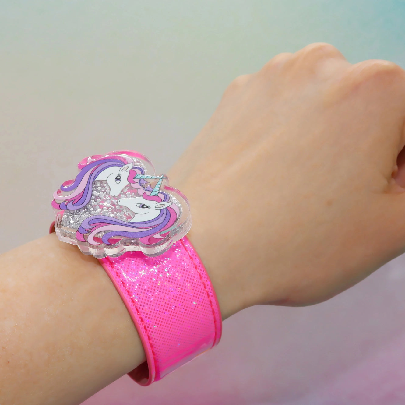 Hot Pink Glitter Shaker Unicorn Slap Bracelet