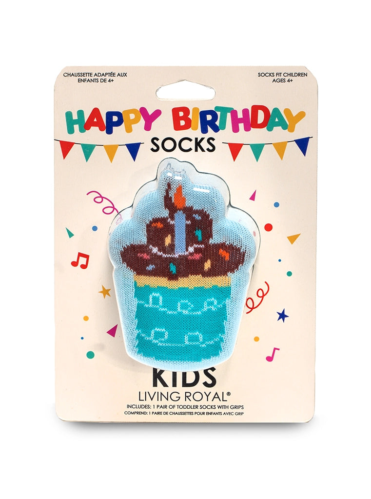 These fun 3D shaped Birthday Cupcake socks are the perfect gift. Pack comes with one pair of crew socks with nonslip grips on the bottom.  Fits ages 4+.  Machine washable. 