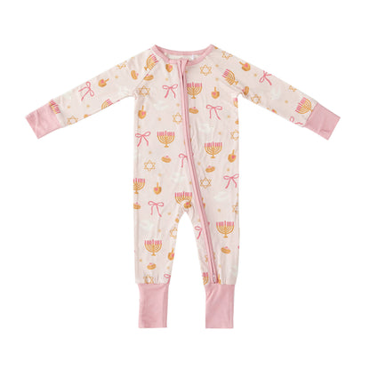 Pretty In Pink Hanukkah Bamboo Convertible Zip Footie
