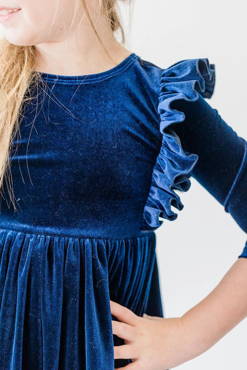 Navy Ruffle Velvet Twirl Dress