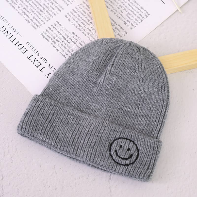 Grey Smiley Embroidered Beanie