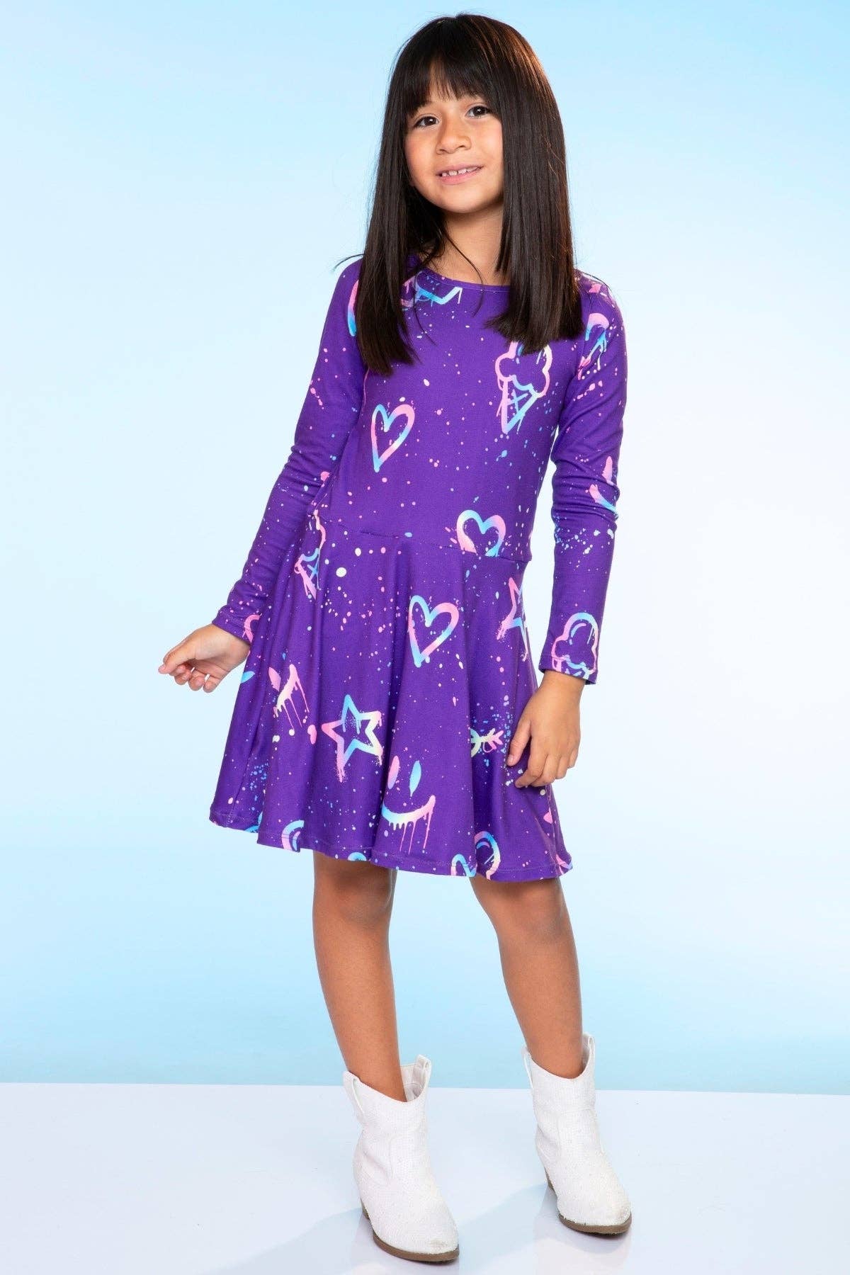 Purple Graffiti Rainbow Simply Soft Long Sleeve Skater Dress