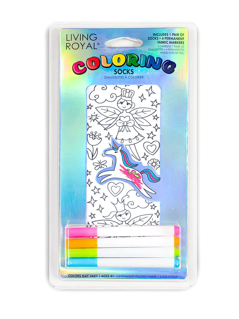 Color your way with our Unicorn Princess Coloring Socks!  Pack includes 1 pair of coloring ankle socks + 4 permanent fabric markers (colors may vary).  ONE SIZE FITS MOST(child age 5+ through women size 11).   Machine washable.