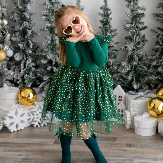 Emerald Shimmer L/S Tutu Dress