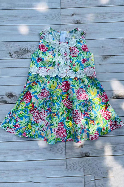 Lace Trim Bright Florals Dress
