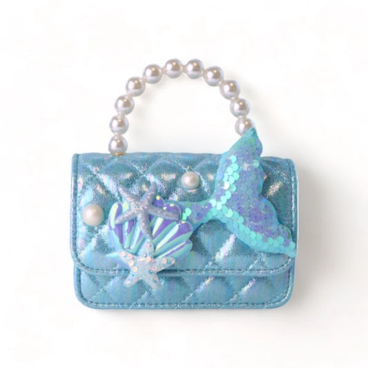 Blue Mermaid Quilted Purse with Pearl Handle.  Comes with detachable gold chain strap.   Dimensions: 5-1/2" Length x 4" Height x 2" Width.