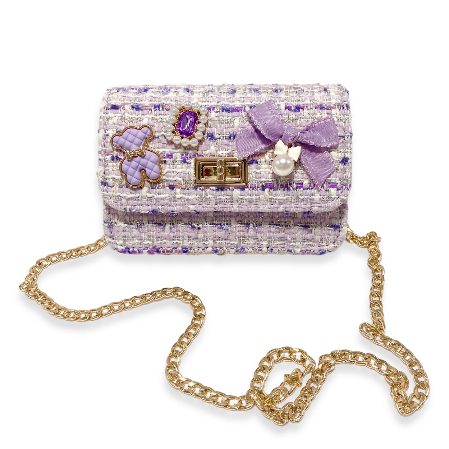 Lilac Teddy Charms Tweed Purse with Gold Chain Strap