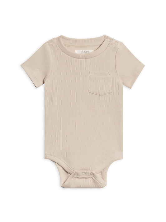 Ribbed Short Sleeve Pocket Bodysuit in Oat